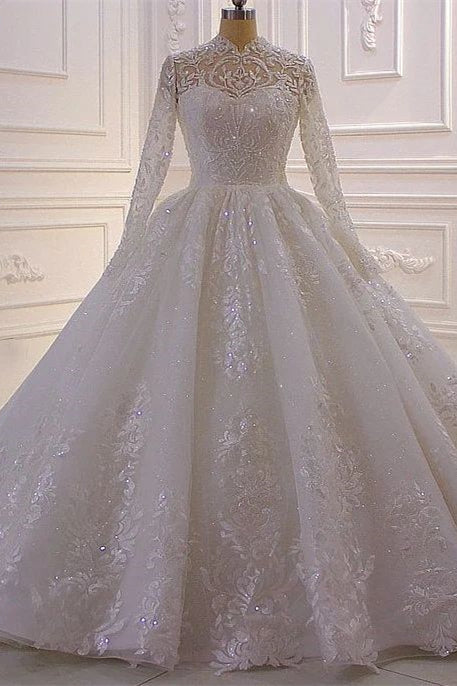 Luxuriöses A-Linien-Brautkleid mit hohem Halsausschnitt, Pailletten und langen Ärmeln