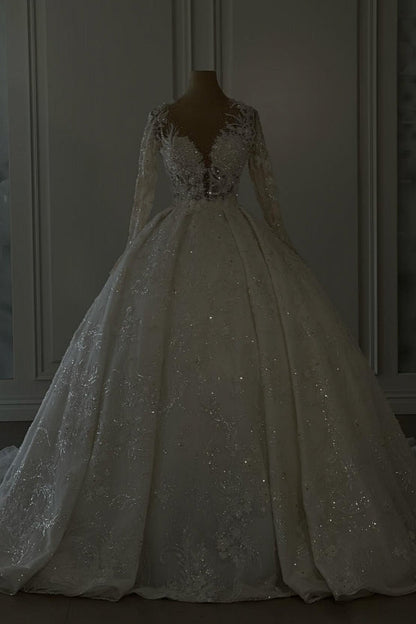 Luxuriöses langes elfenbeinfarbenes A-Linien-Brautkleid mit V-Ausschnitt, Spitze und langen Ärmeln
