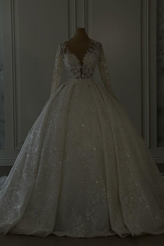 Luxuriöses langes elfenbeinfarbenes A-Linien-Brautkleid mit V-Ausschnitt, Spitze und langen Ärmeln