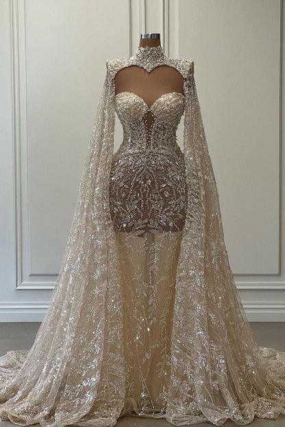Vestido de fiesta lujoso de sirena largo con cuello alto, encaje brillante y mangas