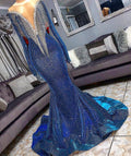 Luxurious Long Sheer Neckline Mermaid Sequins Prom Dresses with Sleeves