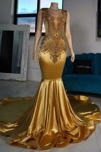 Vestidos de Baile Amarelos Luxuosos de Cetim com Decote em V e Sem Mangas, com Contas, Estilo Sereia
