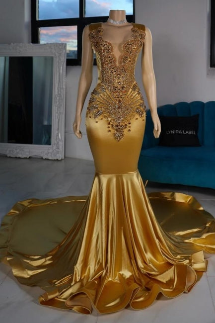 Abito da sera giallo lussuoso in raso a sirena, senza maniche, con scollo a V e perline