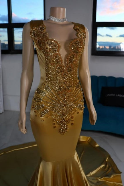 Vestidos de Baile Amarelos Luxuosos de Cetim com Decote em V e Sem Mangas, com Contas, Estilo Sereia