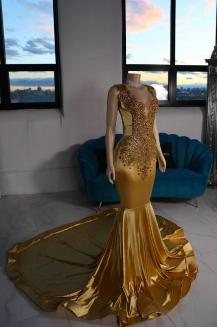 Vestidos de Baile Amarelos Luxuosos de Cetim com Decote em V e Sem Mangas, com Contas, Estilo Sereia