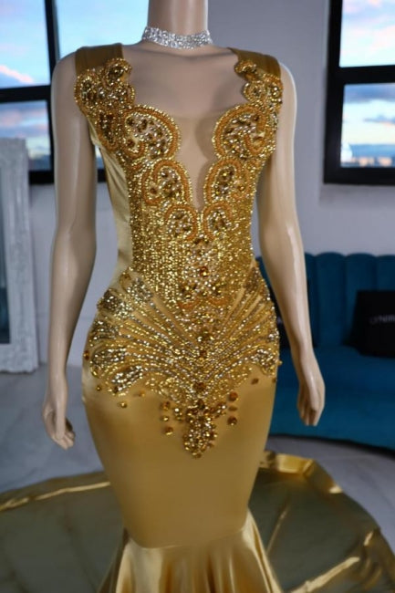 Vestidos de Baile Amarelos Luxuosos de Cetim com Decote em V e Sem Mangas, com Contas, Estilo Sereia