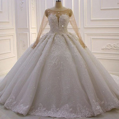 Luxuriöses Prinzessinnen-Brautkleid in A-Linie mit langen Ärmeln und Blumenspitze