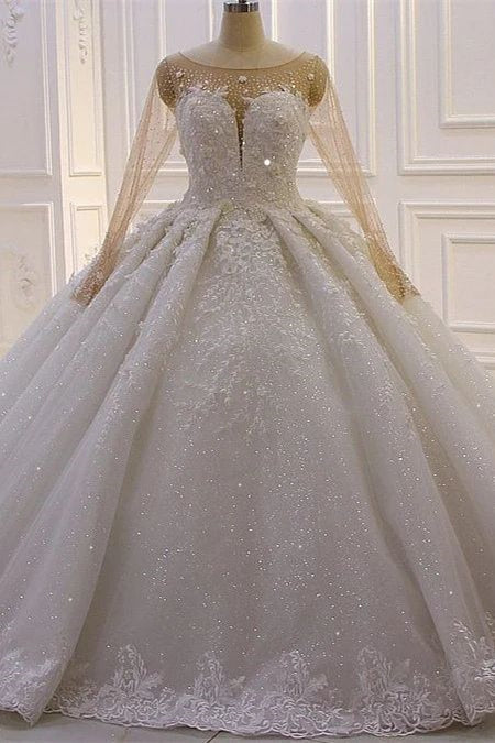 Luxuriöses Prinzessinnen-Brautkleid in A-Linie mit langen Ärmeln und Blumenspitze