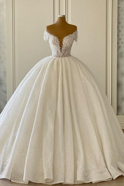 Luxuriöse Prinzessin Off-the-Shoulder V-Ausschnitt A-Linie Brautkleider mit Glitzer
