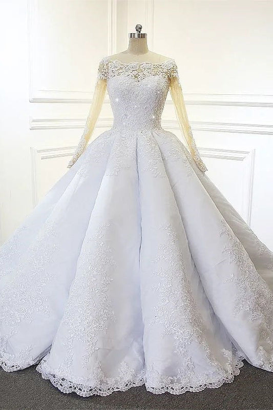 Luxuriöses weißes Prinzessinnen-Brautkleid in A-Linie mit langen Ärmeln und Spitze