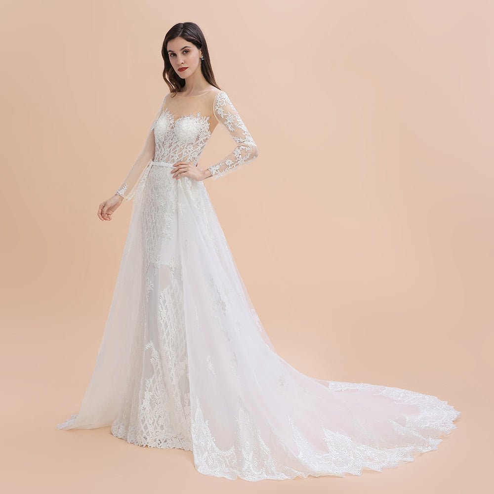 Luxury Beaded Lace Mermaid Wedding Dresses Tulle Appliques Bride Dresses with Detachable Train