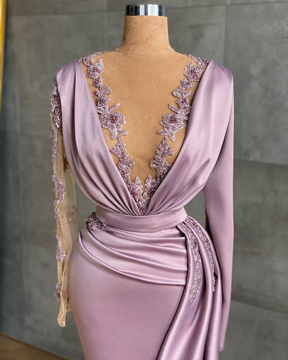 Lujosos vestidos de fiesta de sirena con volantes en morado claro y mangas largas hasta el suelo