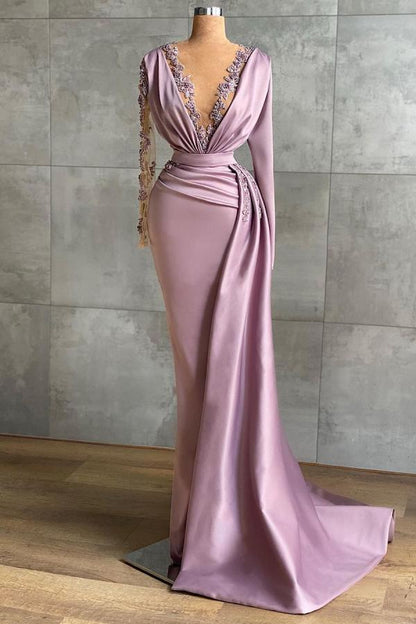Lujosos vestidos de fiesta de sirena con volantes en morado claro y mangas largas hasta el suelo