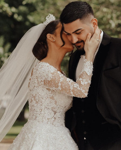 Vestidos de novia de encaje de lujo | Vestidos de novia de corte A con mangas