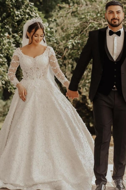 Luxuriöse Brautkleider aus Spitze | A-Linien-Brautkleider mit Ärmeln