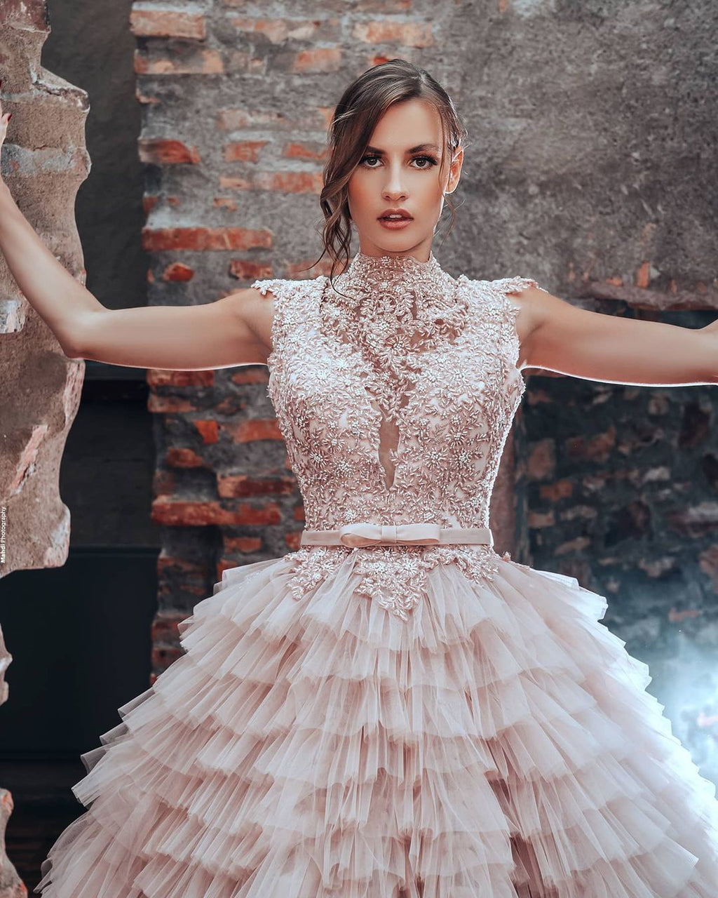 Luxury Long A-line High Neck Tulle Princess Wedding Dress