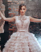 Luxury Long A-line High Neck Tulle Princess Wedding Dress