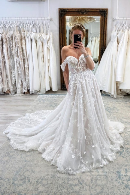 Luxuriöses langes A-Linien-Brautkleid mit schulterfreier Spitze und Glitzer
