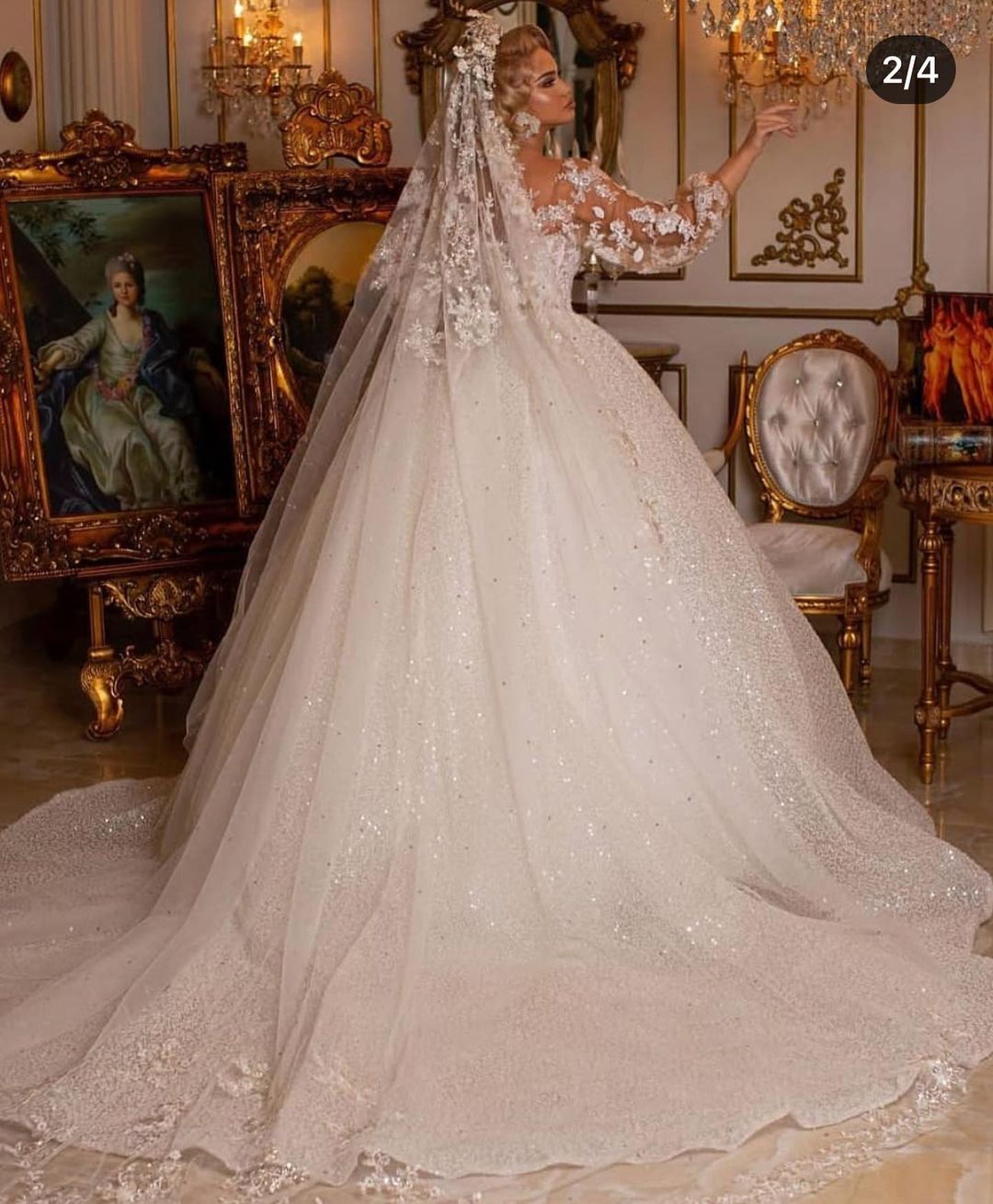 Luxury Long Ball Gown Glitter Wedding Dress with Puffy Sleeves