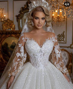 Luxury Long Ball Gown Glitter Wedding Dress with Puffy Sleeves