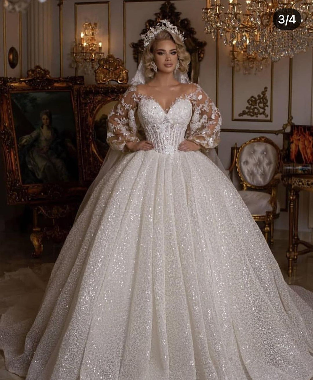 Luxury Long Ball Gown Glitter Wedding Dress with Puffy Sleeves
