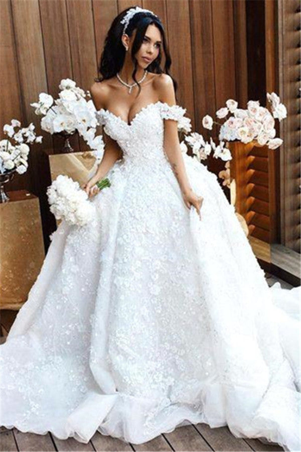 Robe de bal longue de luxe à épaules dénudées avec appliques en dentelle pour mariage