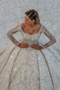 Luxury Long Ball Gown Sequin Off The Shoulder Backless Wedding Dress with Sleeves