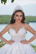 Luxury Long Ball Gown Sweeteart Beads Glitter Wedding Dress with Sleeves