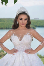 Luxury Long Ball Gown Sweeteart Beads Glitter Wedding Dress with Sleeves