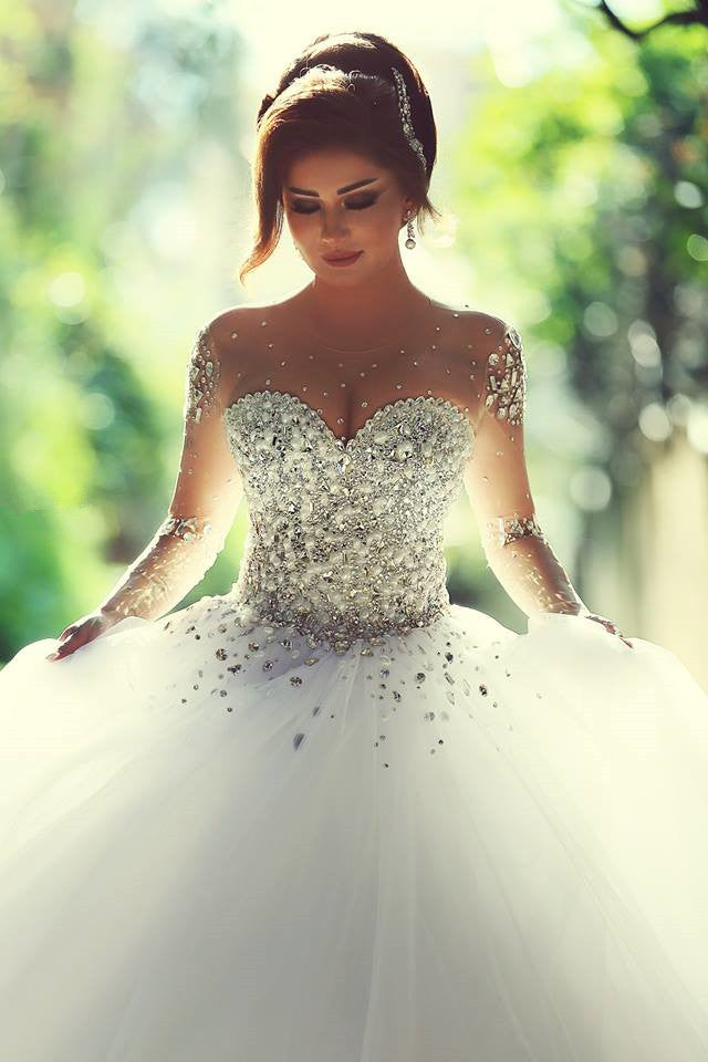 Luxury Long Ball Gown Sweetheart Crystals Beading Wedding Dresses with Sleeves