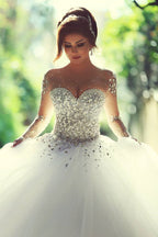 Luxury Long Ball Gown Sweetheart Crystals Beading Wedding Dresses with Sleeves