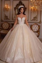 Luxury Long Ball Gown Sweetheart Sparkly Wedding Dress with Sleeves