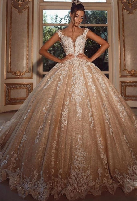 Robe de mariée de luxe longue à paillettes princesse avec dentelle 
