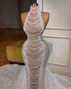 Luxury Long Mermaid Halter Beading Sleeveless Wedding Dress With Pearls