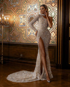 Luxury Long Mermaid One Shoulder Sequins Prom Dress With Slit