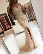 Luxury Long Mermaid Sweetheart Beading Tulle Prom Dress With Slit
