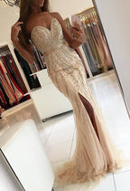 Luxury Long Mermaid Sweetheart Beading Tulle Prom Dress With Slit
