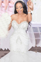 Luxury Long Mermaid Sweetheart Strapless Ruffles Beaded Crystal Wedding Dress