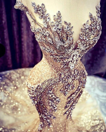 Luxury Long Mermaid V-neck Beadings Tulle Prom Dress