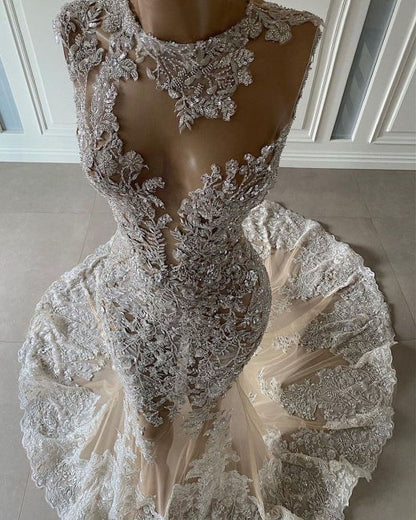 Vestidos de fiesta largos de lujo con sirena sexy sin mangas y encaje