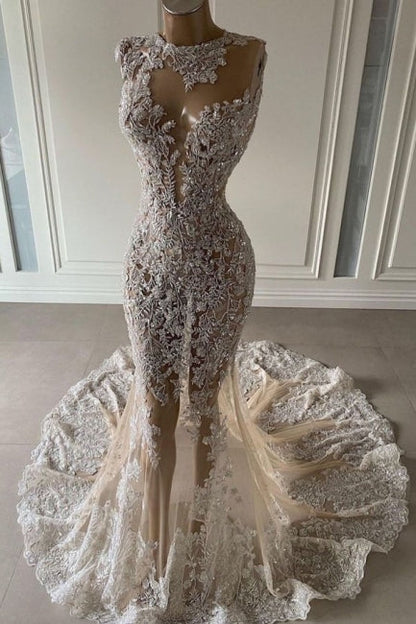 Vestidos de fiesta largos de lujo con sirena sexy sin mangas y encaje