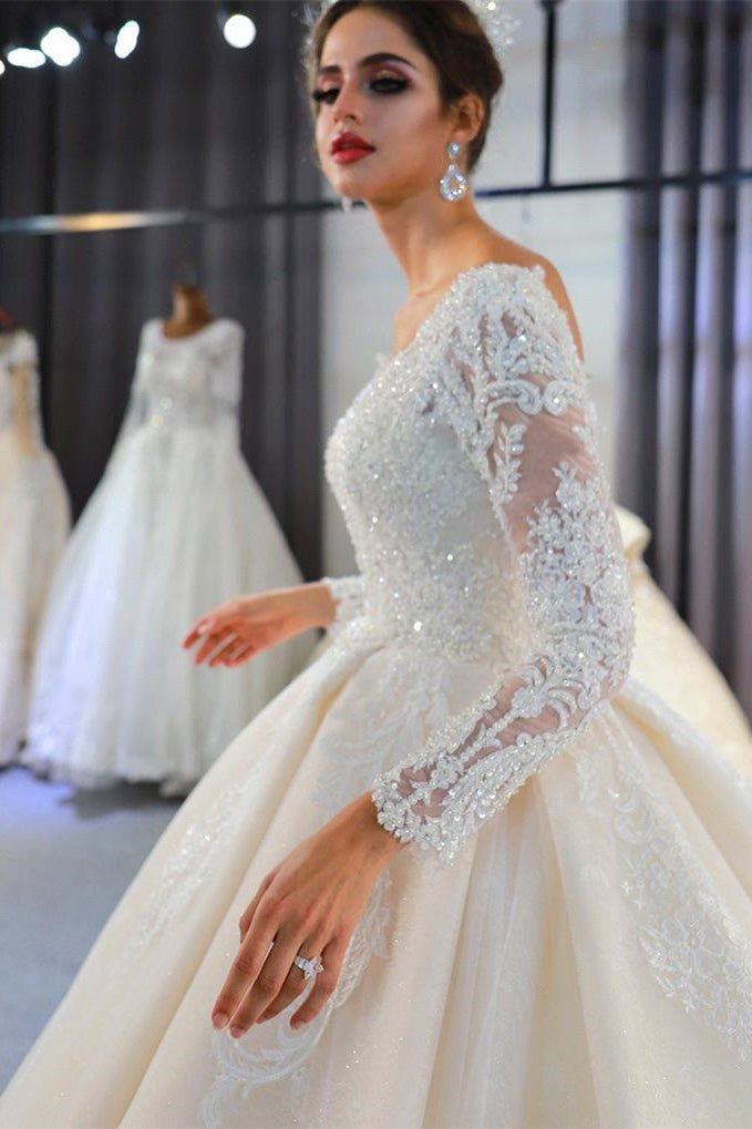 Luxury Long Sleeves Deep V-Neck Princess Ball Gown Garden Bridal Dress