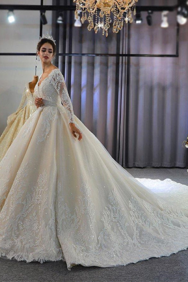 Luxury Long Sleeves Deep V-Neck Princess Ball Gown Garden Bridal Dress