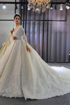 Luxury Long Sleeves Deep V-Neck Princess Ball Gown Garden Bridal Dress