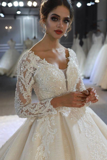 Luxo mangas compridas profundo decote em V princesa vestido de baile jardim vestido de noiva 