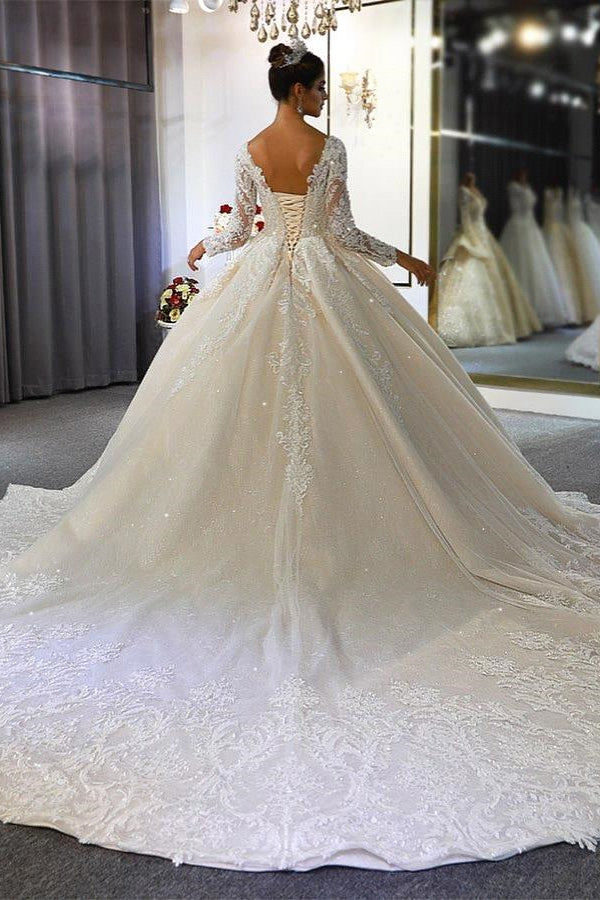 Luxo mangas compridas profundo decote em V princesa vestido de baile jardim vestido de noiva 