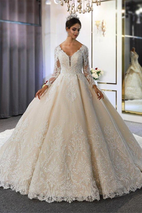 Luxo mangas compridas profundo decote em V princesa vestido de baile jardim vestido de noiva 