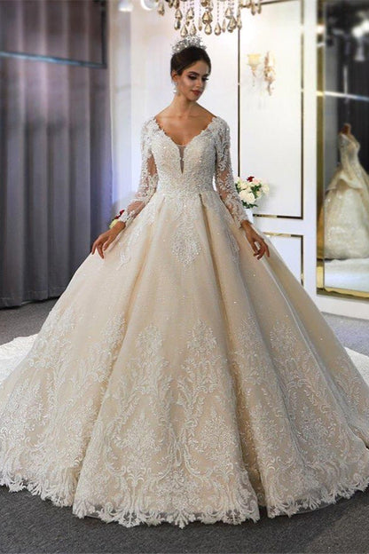 Luxo mangas compridas profundo decote em V princesa vestido de baile jardim vestido de noiva 