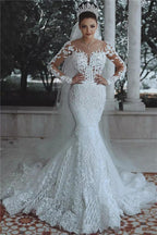 Luxury Mermaid Tulle Beaded Lace Wedding Dresses with Sleeves