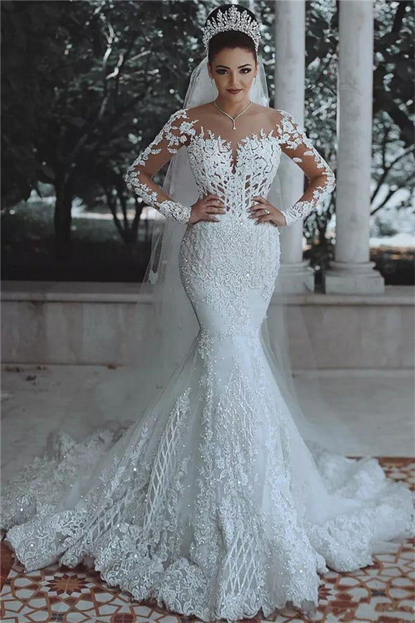Robe de mariée de luxe sirène en tulle et dentelle perlée avec manches